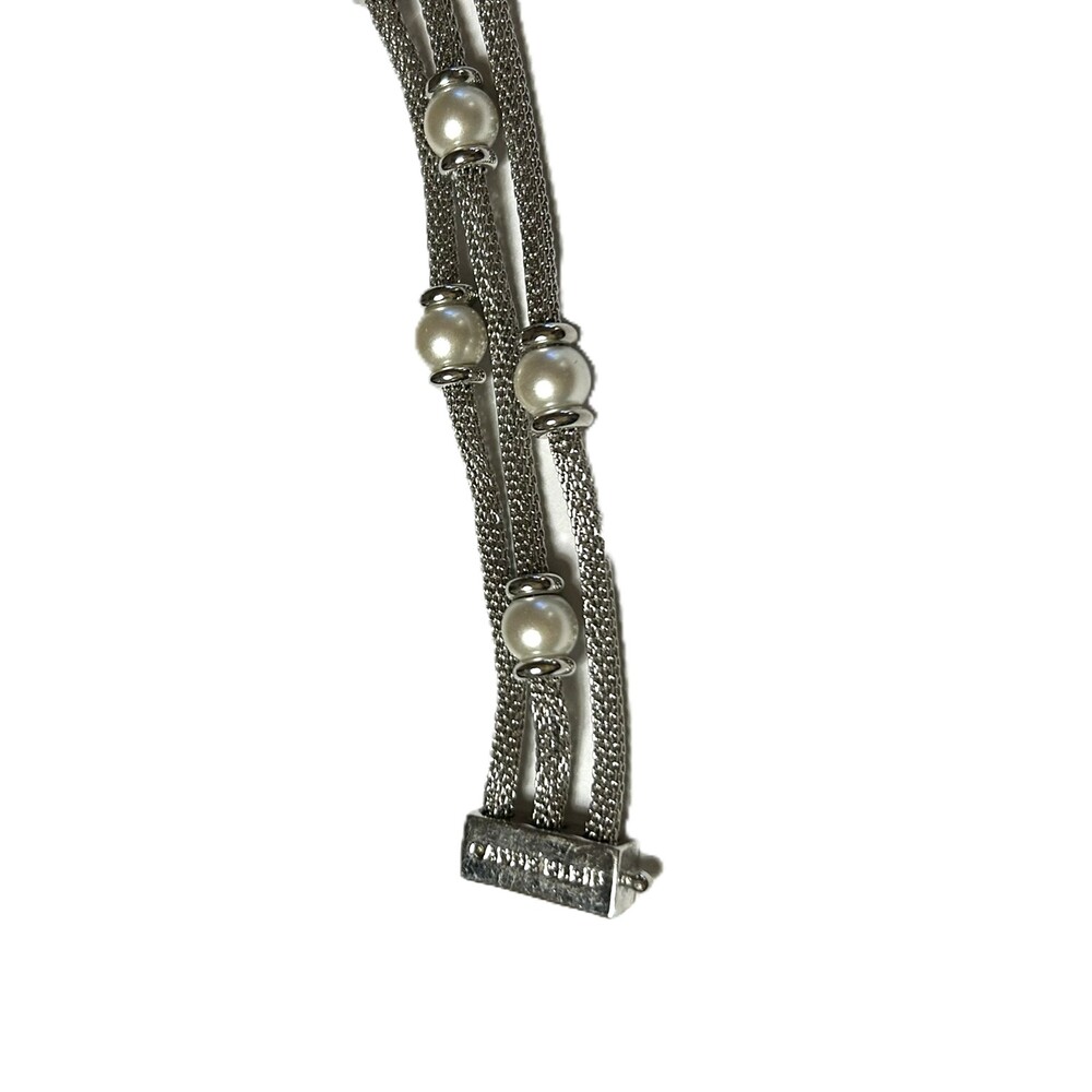 Vintage Anne Klein Silver Tone Mesh Chain Bracelet with faux Pearl Beads - Picture 2 of 3